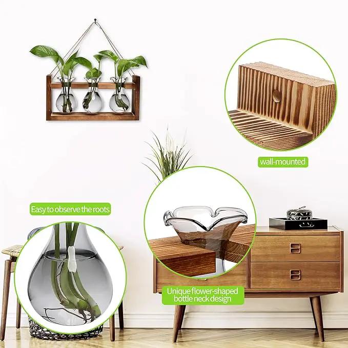 Plant Propagation Station Plant Terrarium Unique Birthday Gifts for Women Plant Lovers Home Office Decor Planter with Wooden Stand - 3 Bulb Glass Vase by GreenHaven Gardens