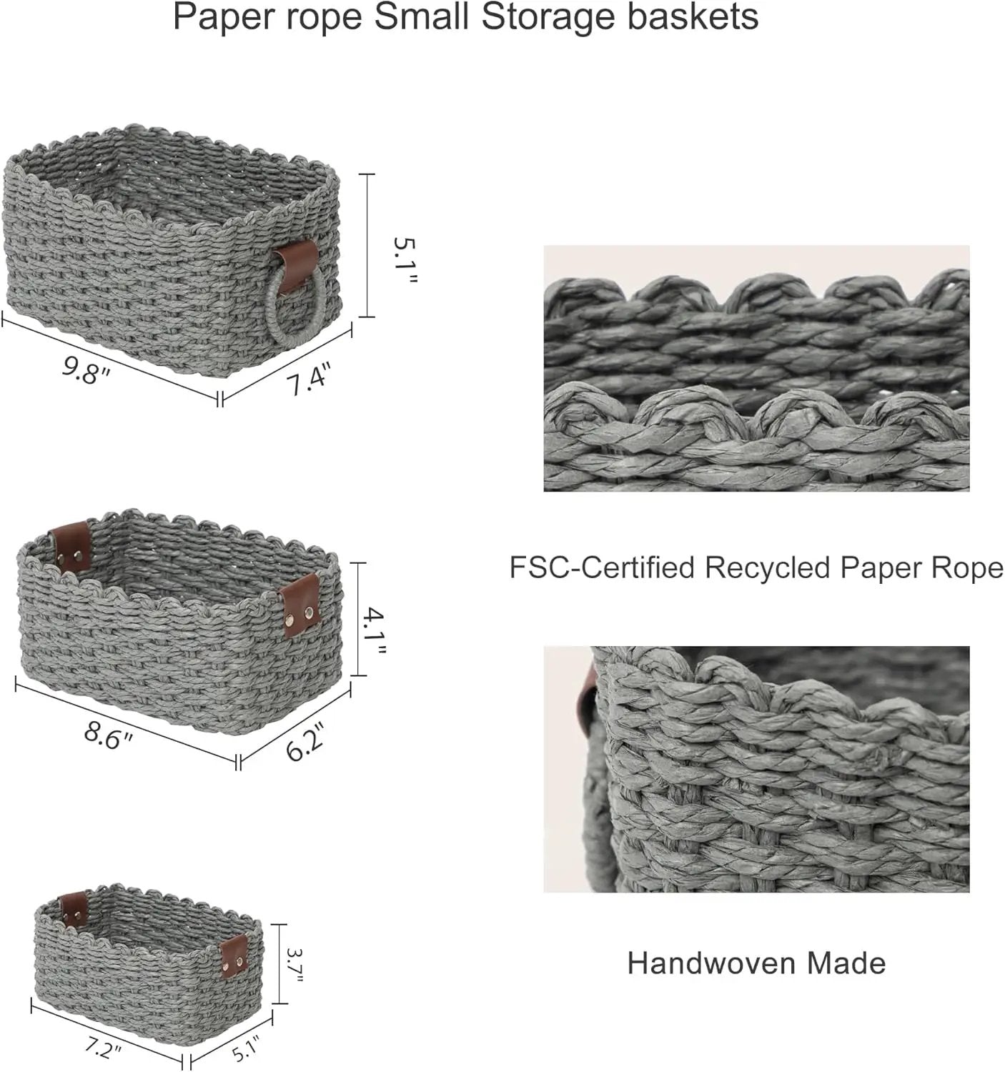Small baskets for Organizing,Cute woven Storage basket with recycled paper rope for Shelves Bathroom,Little decorative basket,Set of 3 (Dark Grey) by GreenHaven Gardens