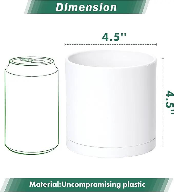 D'vine Dev 4 Pack 4.5 Inch Modern Plastic Plant Pots, Small Garden Planters for Plant with Drainage Holes and Saucers, White Color, 74-Z-F-2 by GreenHaven Gardens