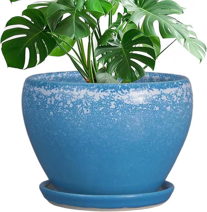 Ceramic Planter Pot 10 Inch - Ceramic Plant Pot for Indoor Outdoor Plants, Large Flower Pot with Drainage Hole and Saucer, Blue by GreenHaven Gardens
