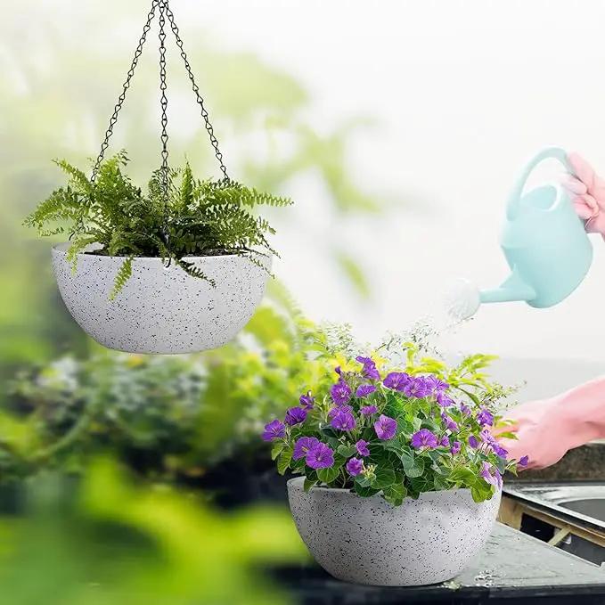 13 inch Large Hanging Planters Plant Pots for Outdoor Indoor Plants with Drainage Holes and Chain, 2 Pack Round Hanging Flower Pots for Garden Home Porch Decor, Speckled White by GreenHaven Gardens