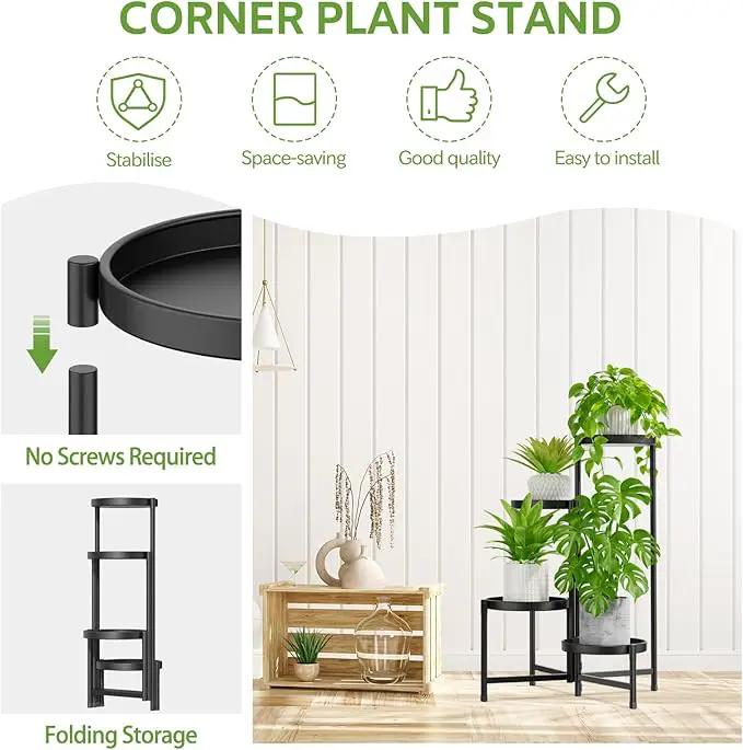 iDavosic.ly 4 Tier Large Plant Stand Indoor with 10 Inch Wide Tray, Tiered Corner Metal Outdoor Flower Display Holder Shelf, Folding Tall Rack for Patio Porch Living Room, Modern Black by GreenHaven Gardens