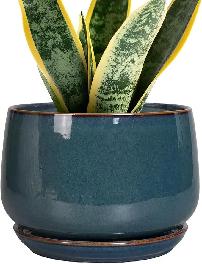 G EPGardening Ceramic Pot for Plants - Modern 7 Inch Round Planter with Drainage and Tray Indoor Outdoor for Flower, Porch Decor, Gardening Gifts, Retro Blue by GreenHaven Gardens