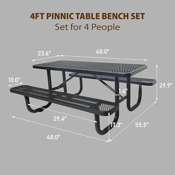 4FT Metal Picnic Tables for Outdoors, Commercial Rectangular Picnic Table and Bench Set for Outside, Patio, Garden, Backyard, Porch, Surface Mount, Black by GreenHaven Gardens