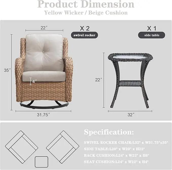 Outdoor Swivel Rocker Patio Chairs - 360 Degree Swivel Glider Seating 350LBS Weight Capacity 3 Piece Wicker Rocking Chairs Set with Side Table for Porch Balcony Deck, Yellow/Beige by GreenHaven Gardens