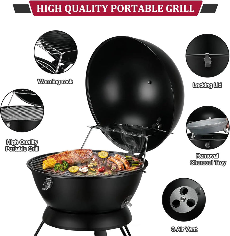 14inch Portable Charcoal Grill with Warming Rack, Small bbq Charcoal Grill Tabletop Foldable Grills for Backyard, Camping, Black by GreenHaven Gardens
