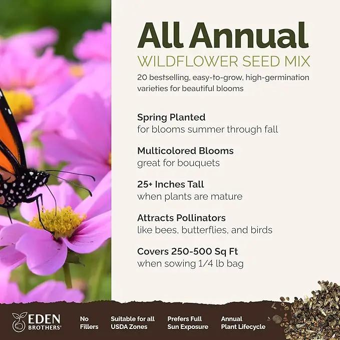 Eden Brothers All Annual Wildflower Mixed Seeds for Planting, 1/4 lb, 120,000+ Seeds with Sunflower, Indian Blanket, Scarlet Flax | Attracts Pollinators, Plant in Spring, Zones 3, 4, 5, 6, 7, 8, 9, 10 by GreenHaven Gardens