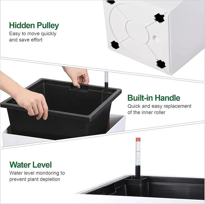 30" Tall Planters Set of 2, Outdoor＆Indoor Black Planter Pots, High Front Porch Planter Pots with Drainage Holes＆Water Level Monitor Movable Wheels ＆Inner Bucket, Automatic Watering, White by GreenHaven Gardens