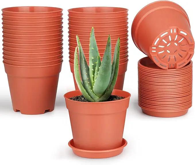 4 inch Small Plant Pots, 28 Pack Plastic Planters with Drainage Holes and Saucers for Flowers Plants, Succulents, Seed Starting Pots, Terracotta by GreenHaven Gardens
