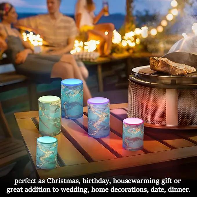 Flickering Flameless Candles, Turquoise Golden Marble LED Candles with Remote Timer, Set of 2 Battery Operated Candle for Valentine Wedding Birthday by GreenHaven Gardens