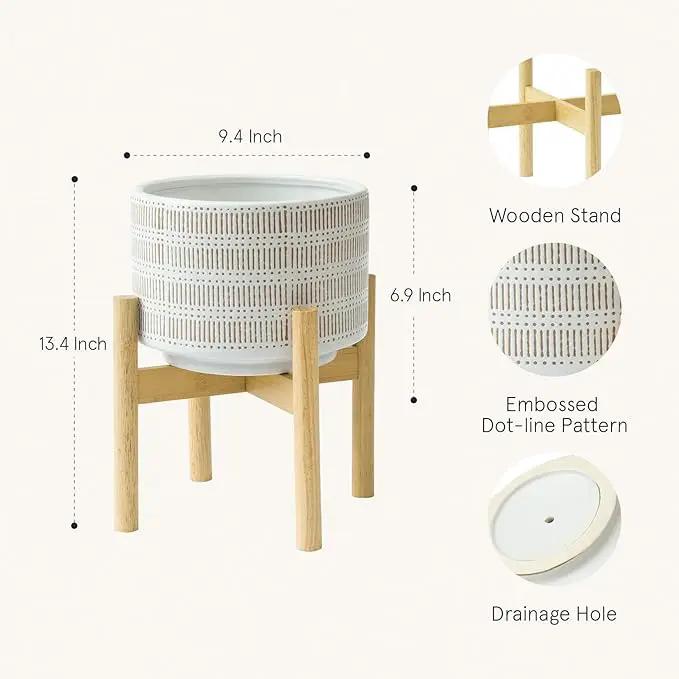 LA JOLIE MUSE Ceramic Plant Pot with Wood Stand - 9.4 Inch Modern Round Decorative Flower Pot Indoor with Wood Planter Holder, Beige & White by GreenHaven Gardens