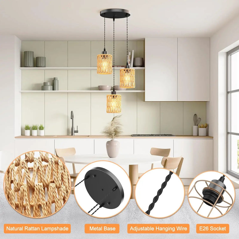 3 in 1 Farmhouse Hemp Rope Pendant Light - Rustic Hand-Woven Rattan Hanging Light Fixture for Kitchen Island,Dining Room,Bedroom- Wicker Cage Chandelier-Coastal/Nautical/Boho Style Lighting Fixture by GreenHaven Gardens