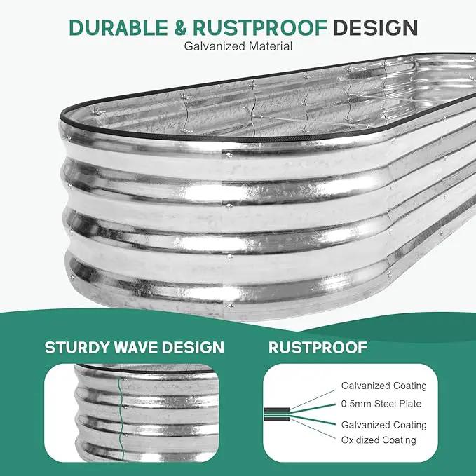 Galvanized Raised Garden Bed - 8×2×1ft Planter Raised Beds for Gardening | Oval Metal Garden Planter Box with Safety Edging and Bracing Rods for Vegetables Fruits and Flowers - Silver by GreenHaven Gardens