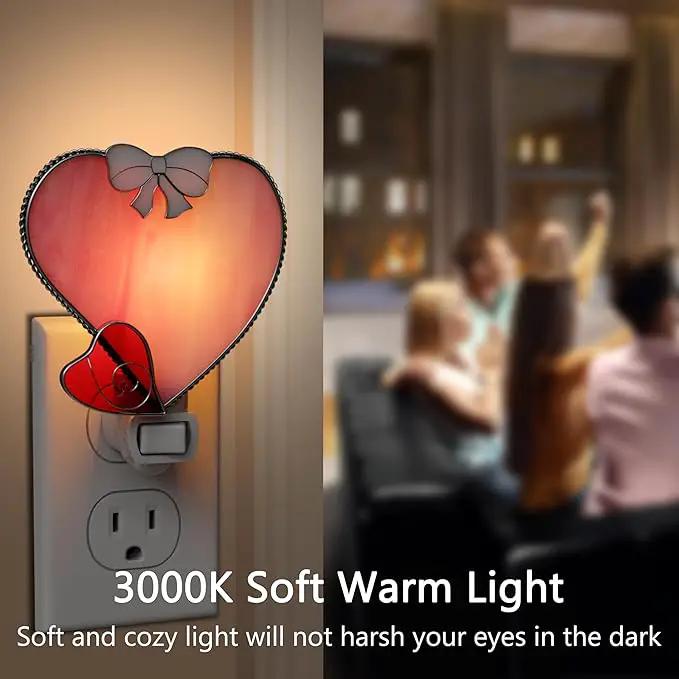 KY&BOSAM Plug in Pink Heart Night Light Stained Glass Nightlight Decorative Wall Night lights with On/Off Switch Come with 7 Watt Bulb Mother`s Christmas Valentine`s Holiday Spring & Winter Home Decor by GreenHaven Gardens