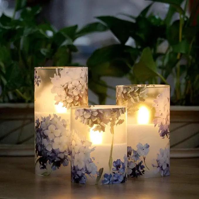 Floral Flameless Candles Decorative Battery Operated with Remote Hydrangea Flowers Romantic Lovers Flickering Pillar Candles for Wedding Tray Centerpiece Home Decor by GreenHaven Gardens