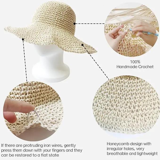 Womens Straw Beach Sun Hats, Foldable Packable Floppy Handmade Crochet Hats for Women,Large Summer Vacation Wide Brim Hat by GreenHaven Gardens
