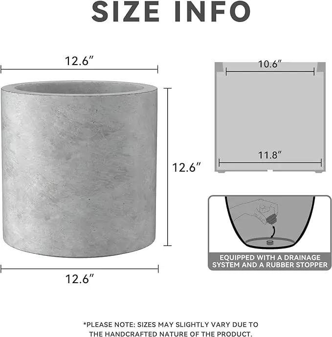Kante 12.6" Dia Round Concrete Planter, Modern Style Large Cylindrical Plant Pot with Drainage Hole and Rubber Plug for Indoor Outdoor Patio, Natural Concrete by GreenHaven Gardens