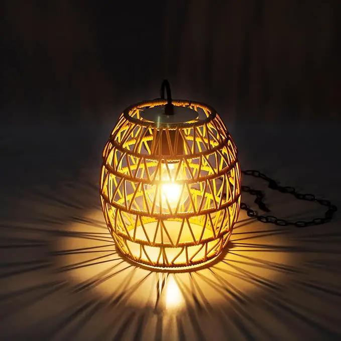 Battery Operated Outdoor Hanging Light with 6 Hours Timer, Outdoor Indoor Pendant Chandelier Rattan Lantern Waterproof Lamp Edison Bulb Lights for Gazebo Porch Garden Patio Home Decoration by GreenHaven Gardens
