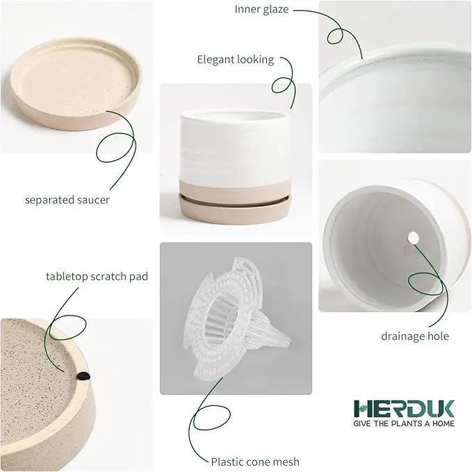 8 Inch Pots for Plants, Ceramic Planter Pot with Drainage Hole & Saucer, Indoor or Outdoor Cylinder Round Planter Pot, Matte White & Beige by GreenHaven Gardens