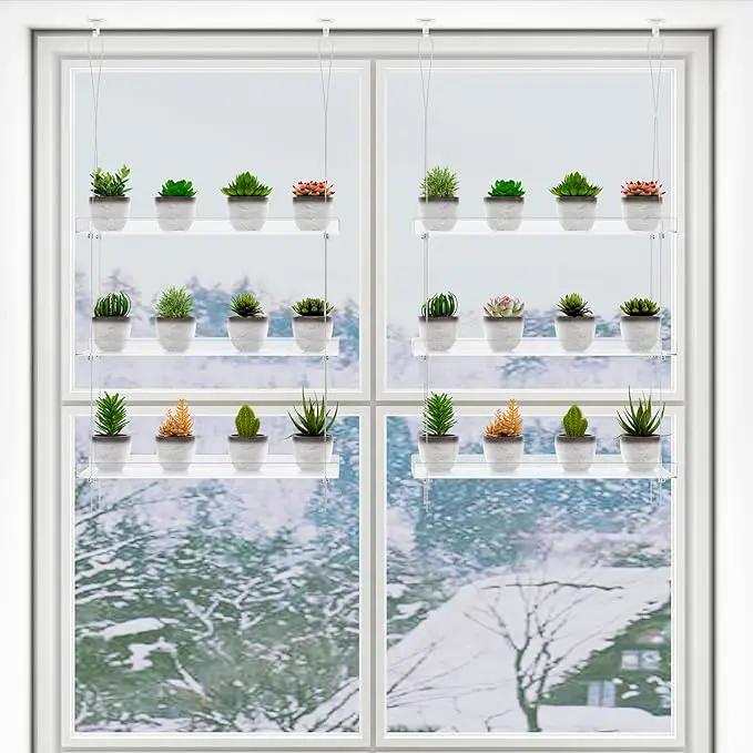 Clear Hanging Window Plant Shelves,2-Pack 3-Tier,Indoor Windows Wall Hanging Plant Stand Flower Display,Flower Pot Organizer Storage for Window Grow Herbs,Microgreens,Succulents,Flower,16-Inch by GreenHaven Gardens