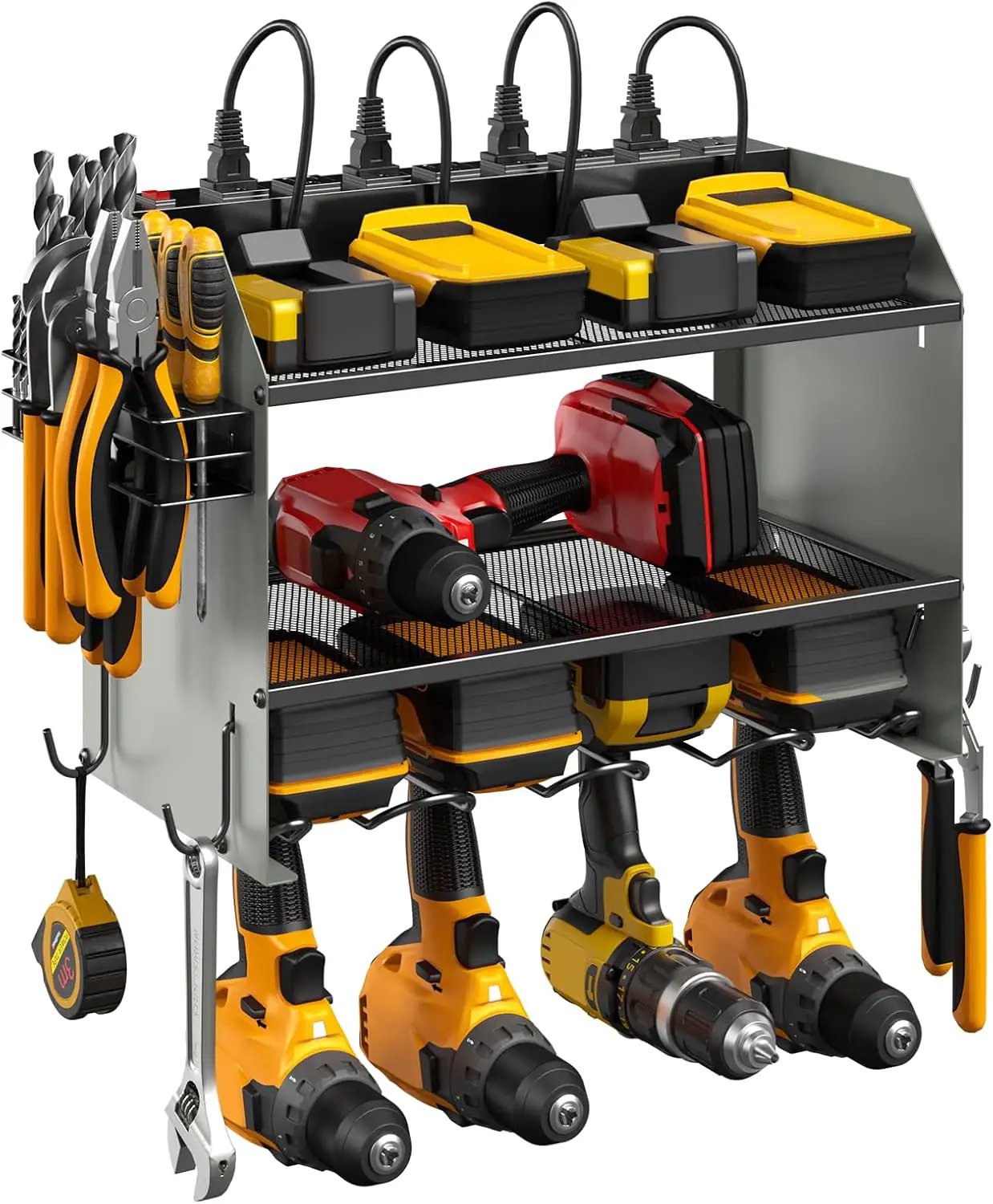 CCCEI Modular Power Tool Organizer Wall Mount with Charging Station. Garage 4 Drill Storage Shelf with Hooks, Drill Bit Heavy Duty Rack, Grey Tool Battery Holder Built in 8 Outlet Power Strip. by GreenHaven Gardens