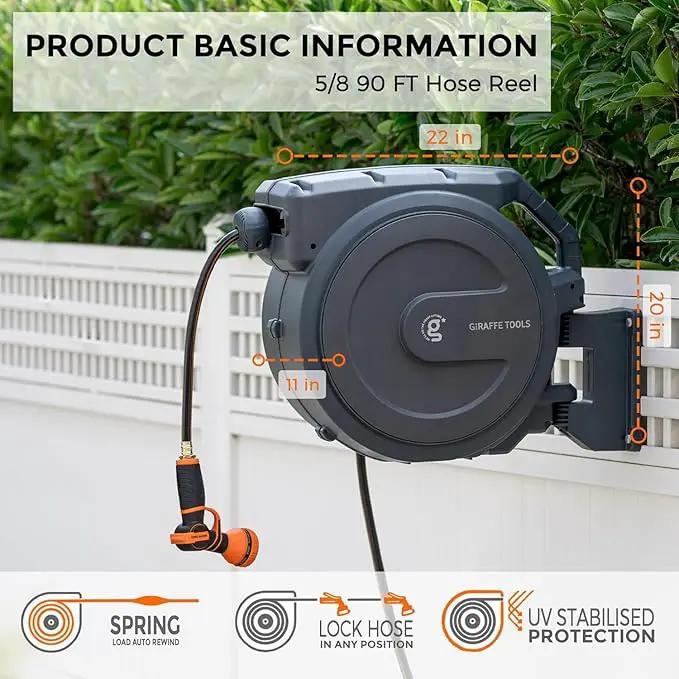 Giraffe Tools Retractable Hose Reel 5/8" x 90 ft Wall Mounted Garden Hose Reel Heavy Duty, Automatic Rewind, 180 Deg Swivel, Any Length Lock, 9 Pattern Nozzle, 90 ft, Dark Grey by GreenHaven Gardens