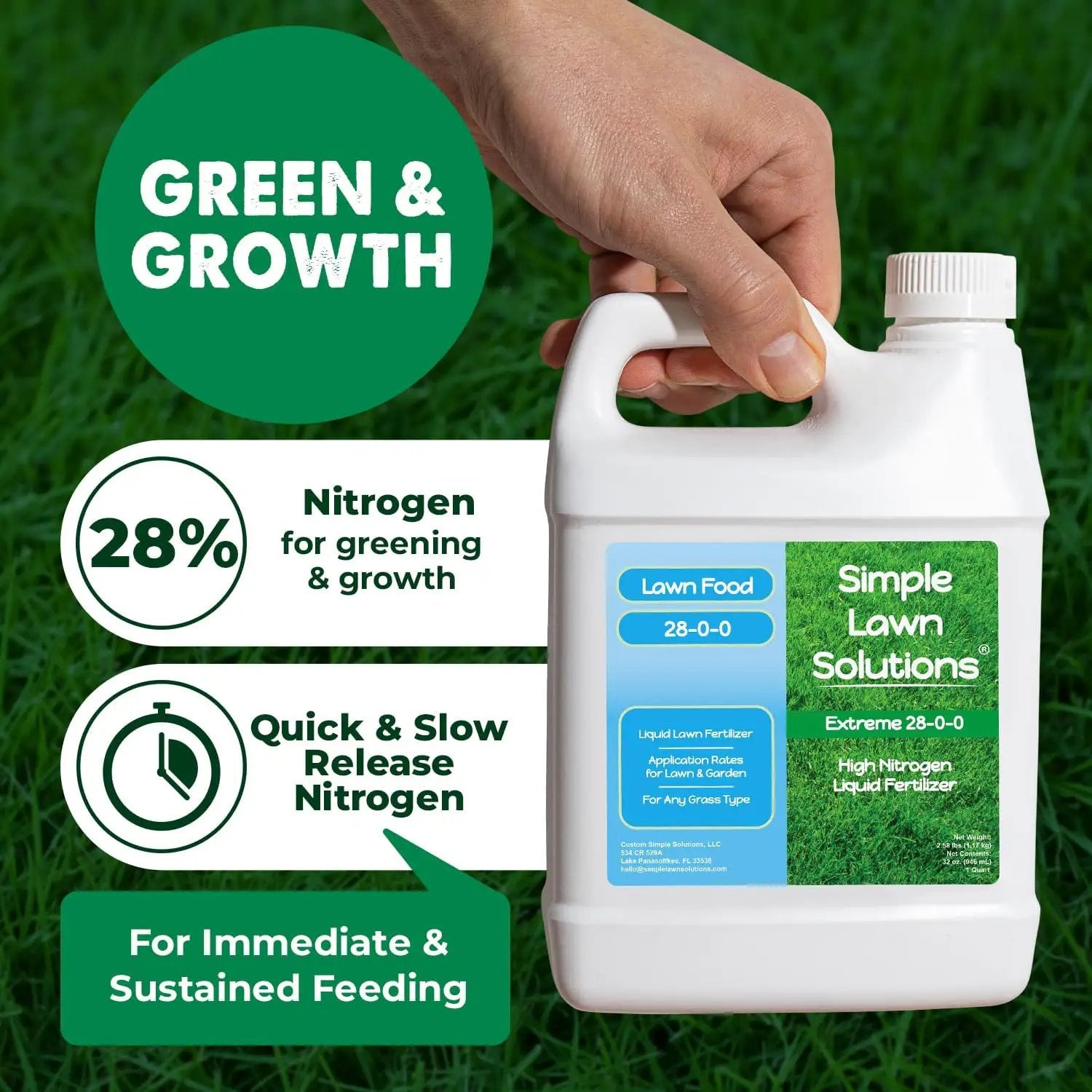 Maximum Green & Growth- High Nitrogen 28-0-0 NPK- Lawn Food Quality Liquid Fertilizer- Spring & Summer- Any Grass Type- Simple Lawn Solutions - Concentrated Quick & Slow Release Blend (1 Quart) by GreenHaven Gardens
