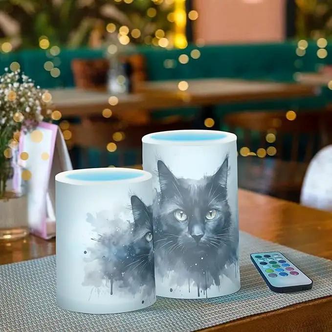 Flickering Flameless Candles, Black Cat Print LED Candles with Remote Timer, Set of 2 Battery Operated Candle for Valentine Wedding Birthday by GreenHaven Gardens