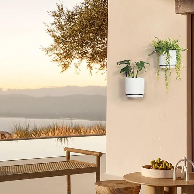 Wall Mounted Hanging Planter Vase & Geometric Wall Decor Polypropylene Container - Dia.5.91" - Sylinder Shape, White, Set of 2 by GreenHaven Gardens
