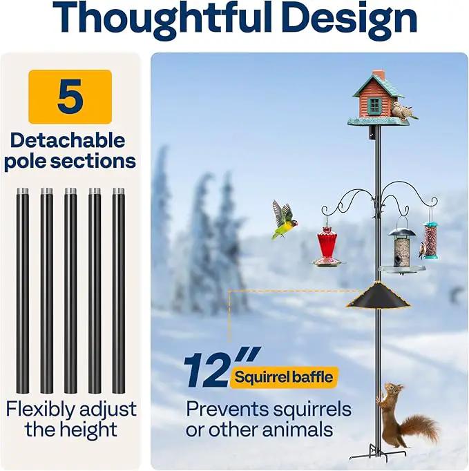 VIVOHOME 92 Inch Bird Feeder Pole with Squirrel Baffle and 4 Hooks, Outdoor Bird House Pole Mount Kit with 5 Prong, Heavy Duty Adjustable Bird Feeder Stand by GreenHaven Gardens