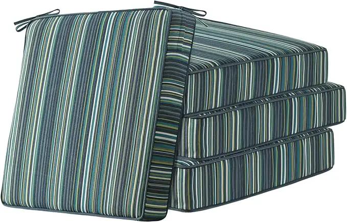 Sunbrella Square Corner Seat Cushions, 19" x 19" x 3", Set of 4, Indoor Outdoor Water Repellent Universal Chair Pads with Ties for Patio Furniture, Garden Deck Dining Chairs, Beach Stripe Lagoon by GreenHaven Gardens