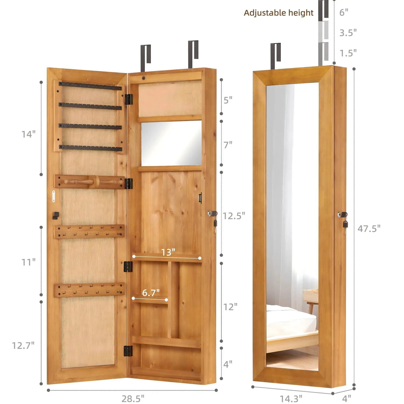 Jewelry Armoire Organizer With Full Length Mirror, Wall Mounted Lockable Cabinet With LED Light by HouseOfZazla