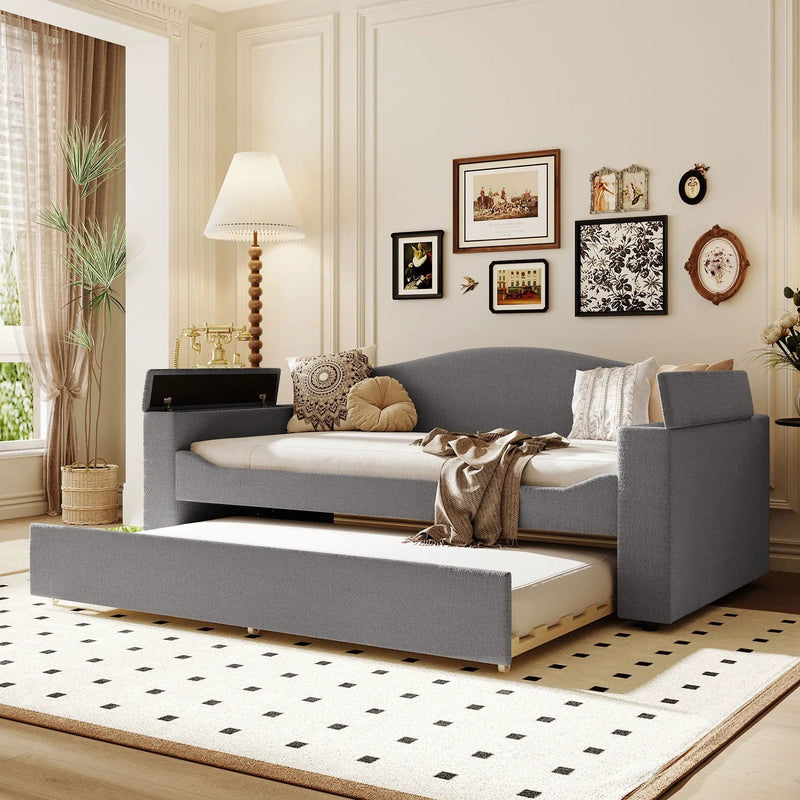 Upholstered Daybed With Storage Armrests, Trundle And Latest Integrated tooth Audio System by Unique Piece Furniture