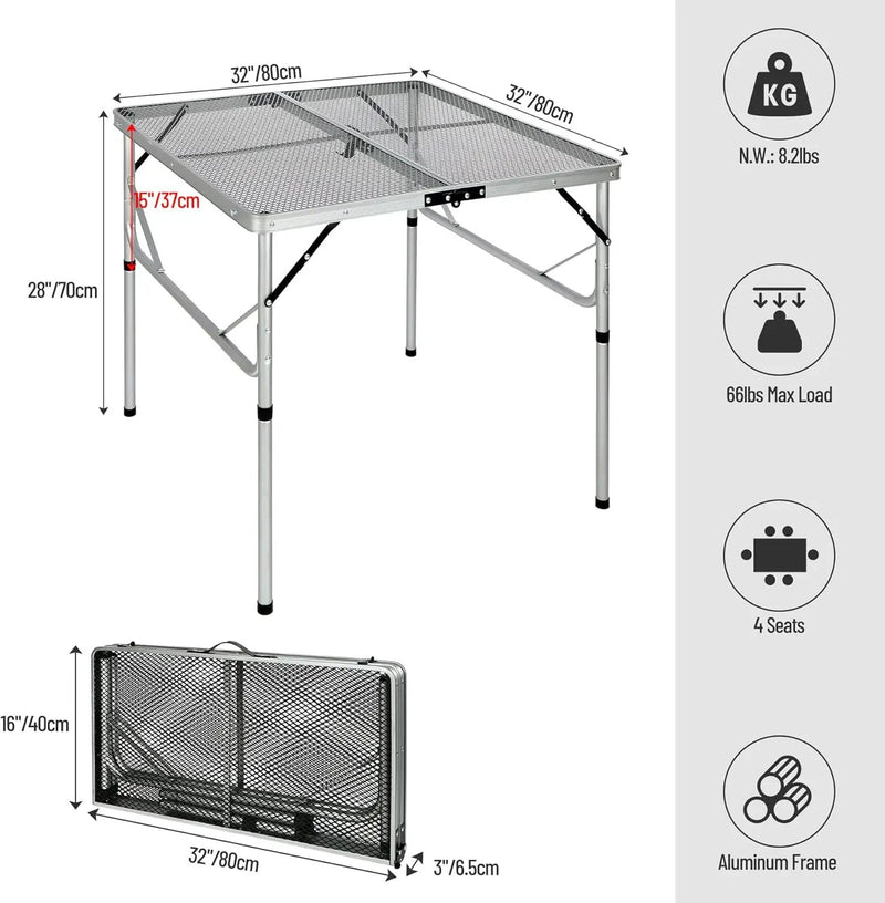 REDCAMP Folding Portable Grill Table for Outside, Lightweight Aluminum Metal Grill Stand Table for Camping Cooking BBQ RV Picnic,Easy to Assemble with Adjustable Heights Legs,Silver 32”x32” by GreenHaven Gardens