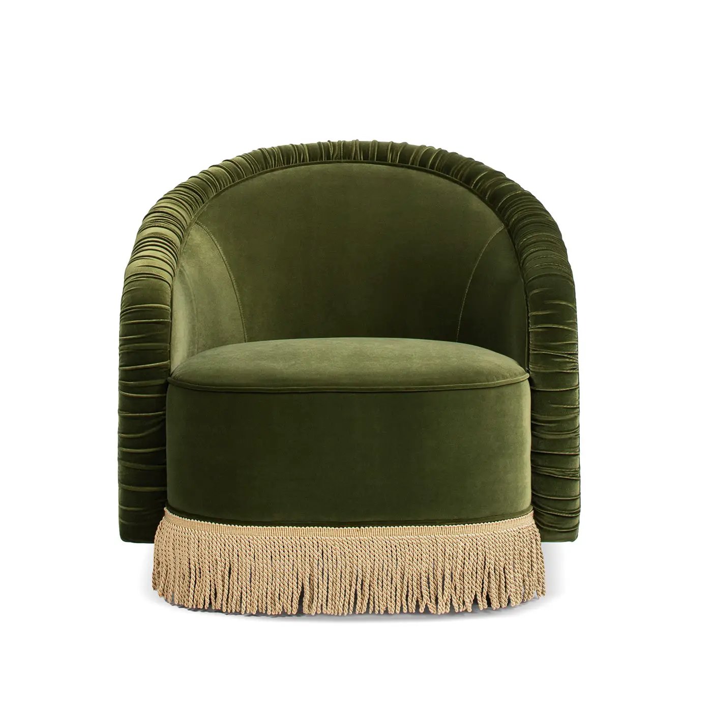 Serena 31.5" Ruched Barrel Back Accent Arm Chair with Bullion Fringe, Olive by HouseOfZazla