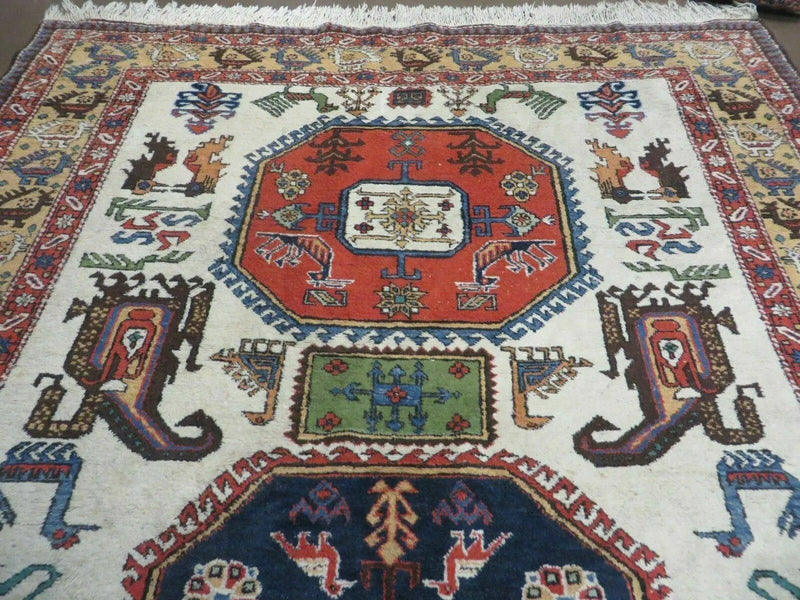 7' X 10' Vintage Handmade Knotted Turkish Wool Rug Birds Animal Ivory Organic by Jewel Rugs
