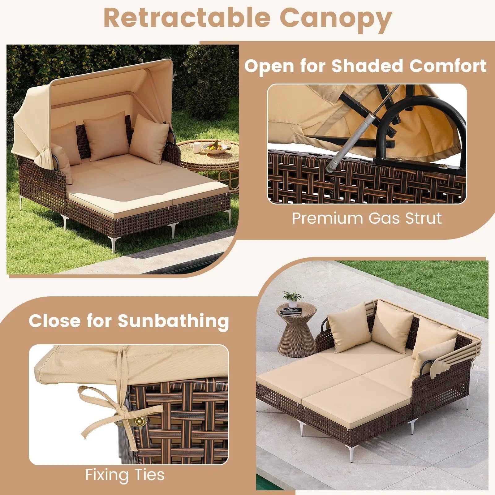 Outdoor Daybed with Retractable Canopy PE Wicker Rattan Patio Lounger by DirectDeals
