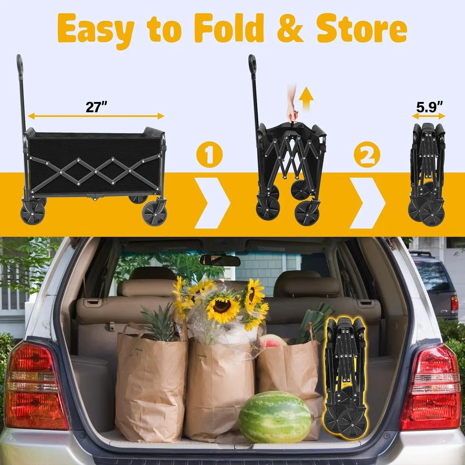 Wagon Cart Foldable, 360Lbs Collapsible Wagon Cart with Wheels Portable, Outdoor Utility Carts for Groceries, Camping, Sports, Garden, Shopping, Black by GreenHaven Gardens