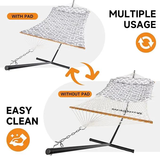 2 Person Outdoor Hammock with Stand, Cotton Rope Hammock with Polyester Pad, Adjustable Steel Frame, Portable with Carrying Bag – for Patio, Backyard, Garden, Beach, Cloud-Gray by GreenHaven Gardens