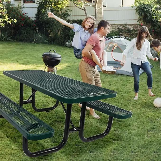6 ft. Rectangular Outdoor Steel Picnic Table with Umbrella Pole, Heavy-Duty Weather-Resistant Dining Table for Patio, Backyard, and Garden, Rust-Resistant Finish, Green by GreenHaven Gardens