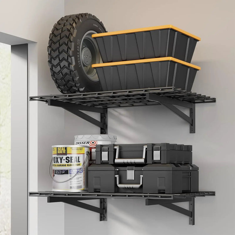 2 Pack Heavy Duty Garage Wall Shelving Set (2x3ft), Wall Mounted Garage Shelves 500lbs Capacity, 24"x72" Wall Shelf Storage Rack Floating Shelves, Black by GreenHaven Gardens