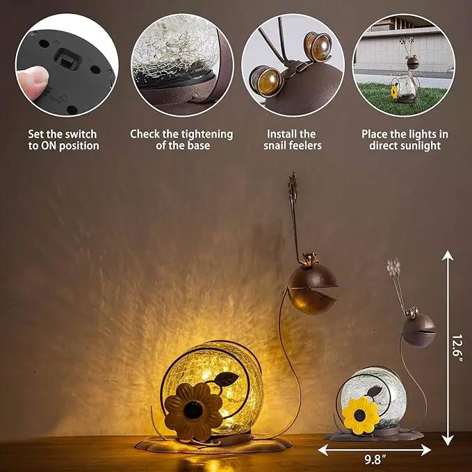 Solar Snail Garden Lights - 2 Pack Cracked Glass, Warm White Metal, Waterproof for Patio Yard Lawn by GreenHaven Gardens