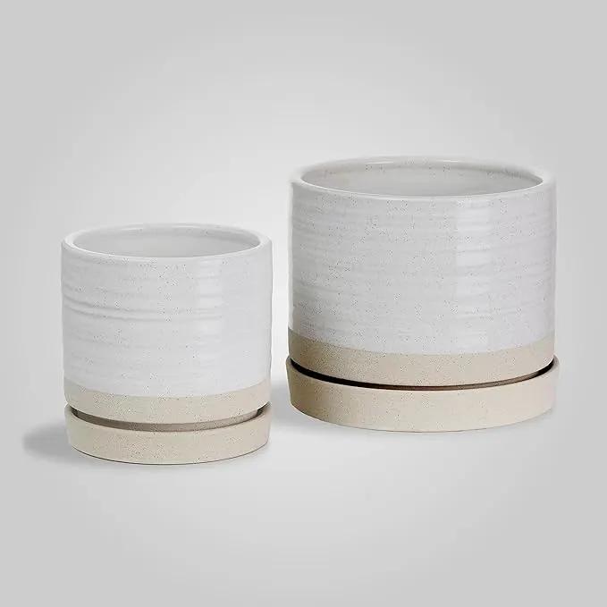6 + 8 Inch Plant Pots, Ceramic Planter Pot with Drainage Hole & Saucer, Indoor/Outdoor Cylinder Round Planter Pot, Cream & Beige by GreenHaven Gardens