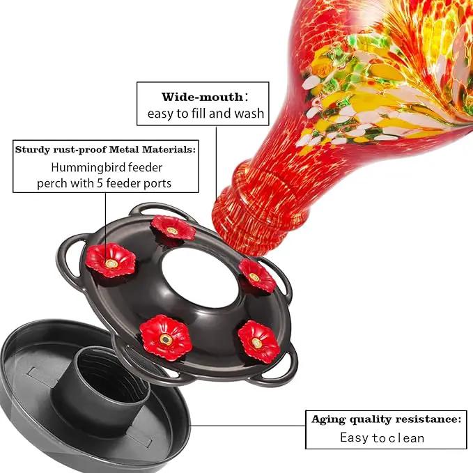 LUJII Hummingbird Feeders for Outdoors, Hand Blown Glass, Never Fade, 36 Fluid Ounces, 5 Feeding Stations, Much Bigger, Garden Backyard Decorative, Containing Ant Moat (Red) by GreenHaven Gardens