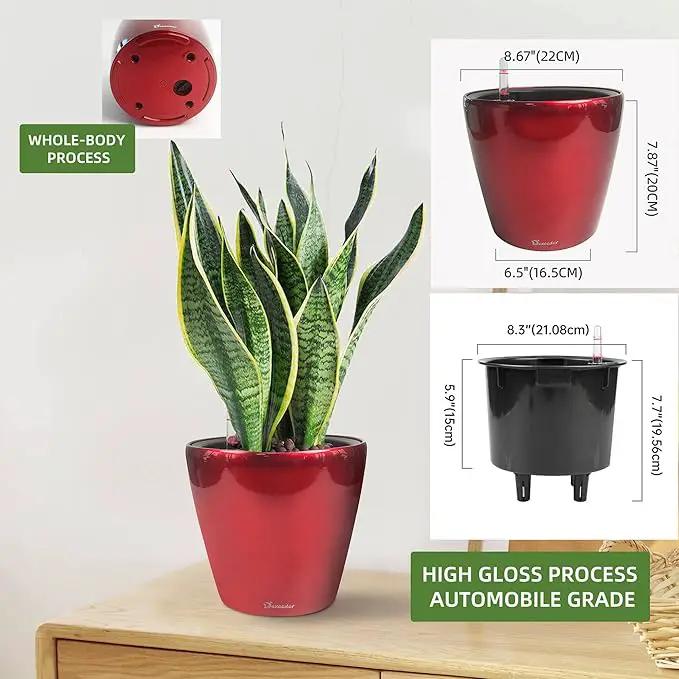 Dexceder 9x8 Inches High Gloss Self Watering Planter Indoor Outdoor, Inner Pot Design, Thickened Table Flower Plant Pot with Water Level Indicator (Red) by GreenHaven Gardens