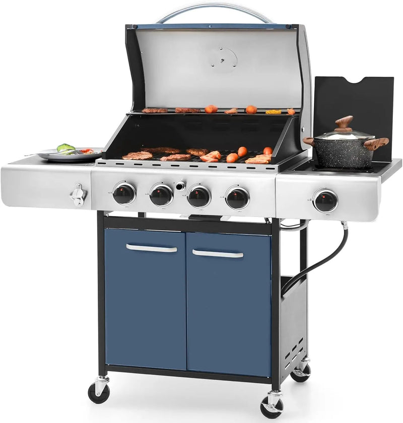 Sophia & William 4-Burner Gas BBQ Grill with Side Burner and Porcelain-Enameled Cast Iron Grates, 42,000BTU Propane Grills Outdoor Cooking Barbecue Cabinet Style, Blue by GreenHaven Gardens