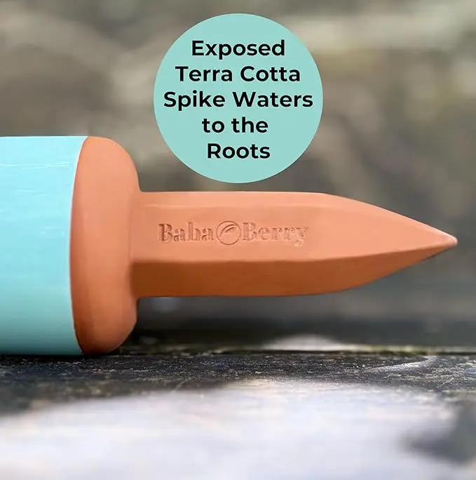 Terracotta Watering Spikes 2 Pack 17.5oz Capacity Plant Watering Devices Self Watering Spikes Large Plant Watering Globes Self Watering Planter Insert AcquaTerra with Root Dibber Installer by GreenHaven Gardens