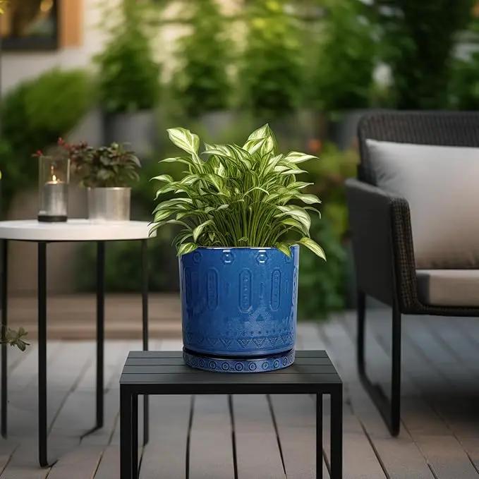 Ceramic Planter - 8 Inch Plant Pot Indoor with Drainage Holes and Saucer Round Planter Outdoor Mid-Century Modern Flower Pot Succulent Pot for Home Decor Blue by GreenHaven Gardens