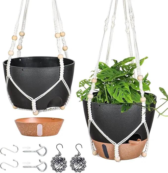 10 Inch Hanging Planters for Indoor Plants, 2 Pack Self Watering Hanging Baskets Flower Pots with Drainage Hole, Visual Reservoir & 2 Kinds of Plant Hanger for Outdoor Garden Home Decor by GreenHaven Gardens