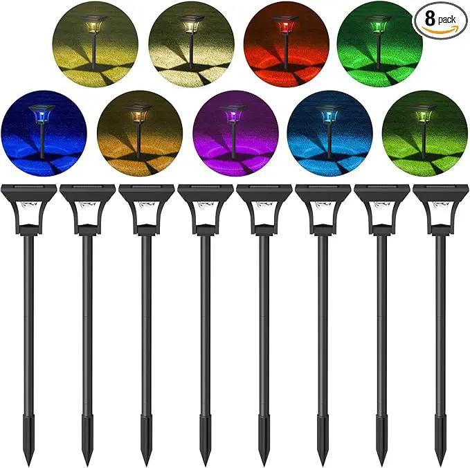 CINOTON 8 Pack RGBCW Solar Pathway Outdoor Lights, 3 Lighting Modes Solar LED Garden Lights, IP65 Waterproof Outside Solar Powered Landscape Lighting for Sidewalk Driveway Backyard RGB/Warm/Cold White by GreenHaven Gardens
